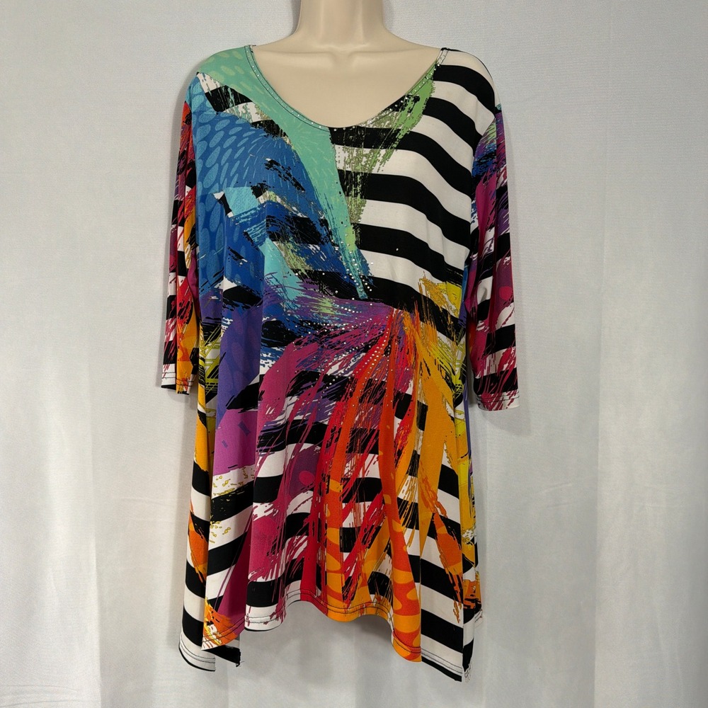 Valentina Tunic Top Abstract Paint Splatter Rhinestone Stripe Multi Women Size M